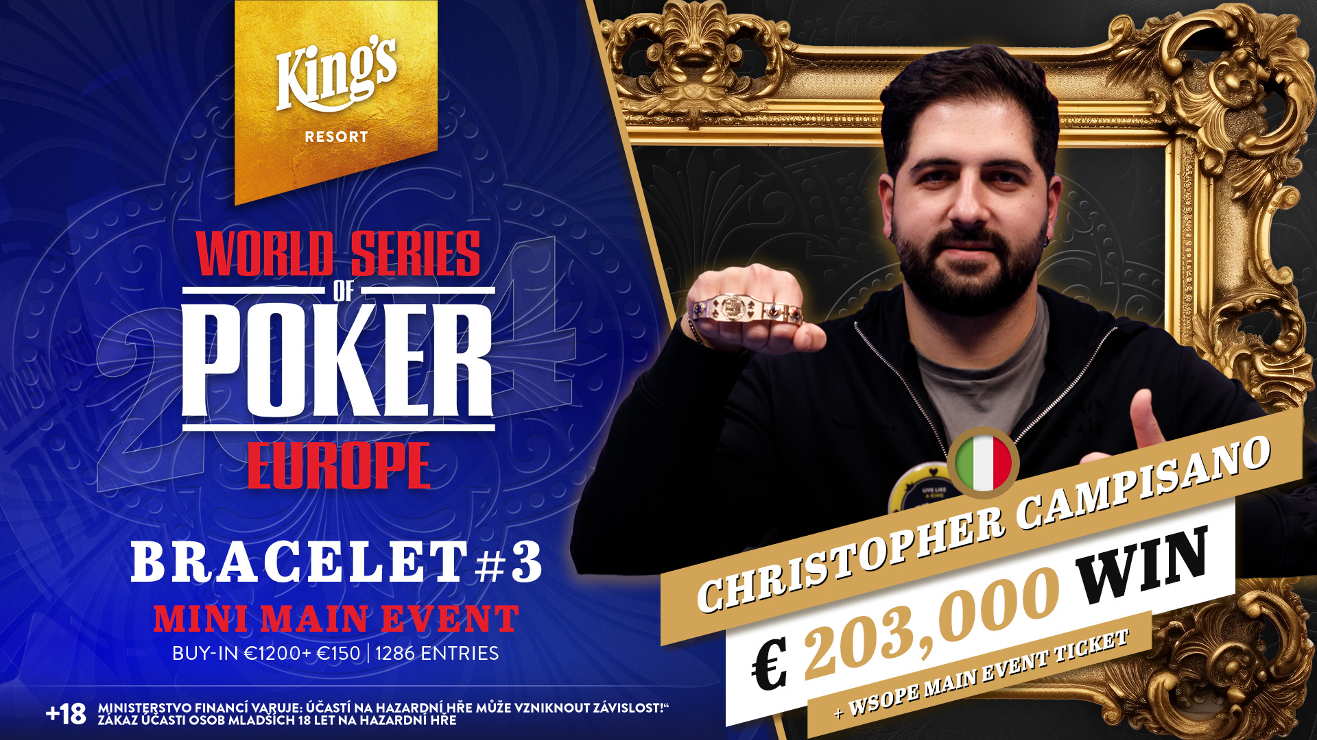 Z pokerového dealera šampionem WSOPE, Christopher Campisano vyhrál Mini Main Event